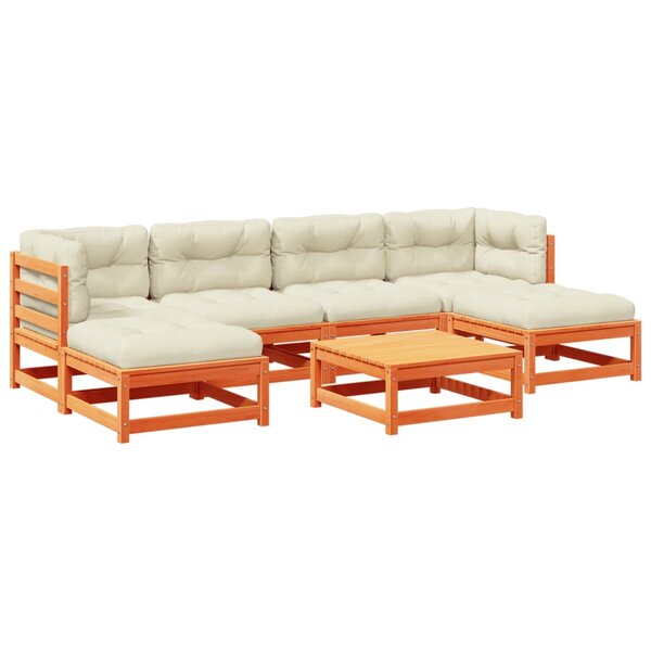 vidaXL Salon de jardin 7 Pièces avec coussins cire marron bois pin massif