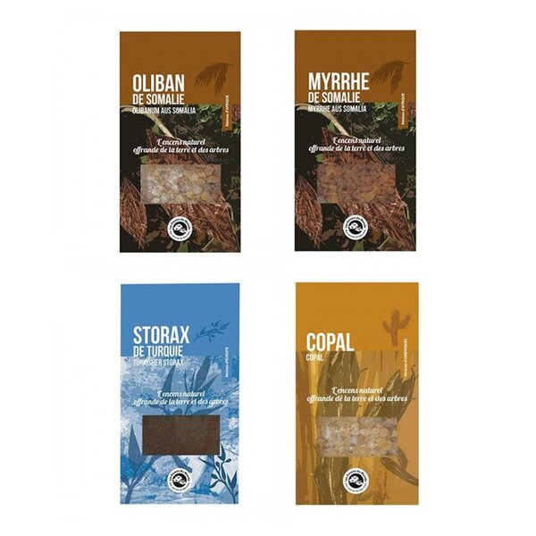 4 résines d'encens à brûler - Oliban  Myrrhe  Copal  Storax