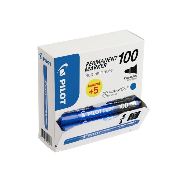 Marqueur permanent multi-surfaces à pointe ogive fine 1 mm,  Bleu - Pack promo : Lot de 15 marqueurs + 5 OFFERTS (boîte 20 unités)