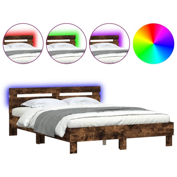 vidaXL Cadre de lit avec tête de lit et LED chêne fumé 140x200 cm