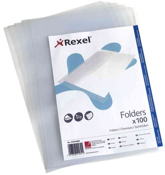 Lot de 100 Economy pochettes coin transparentes A4 grainé 100 microns REXEL