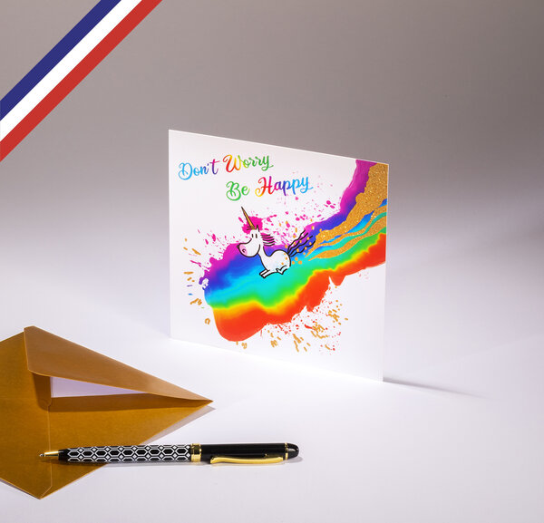 Carte simple  à la folie licornément créée et imprimée en france - don't worry be happy !