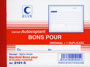 Manifold Autocopiant 'BON POUR' 105 x 140 mm 50 Feuillets Dupli ELVE