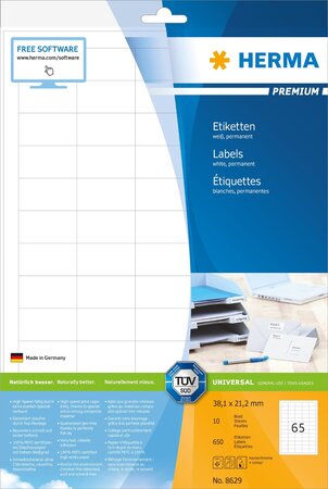 Bte 650 etiquettes premium sur 10 feuilles a4 38,1x21,2 mm blanc herma