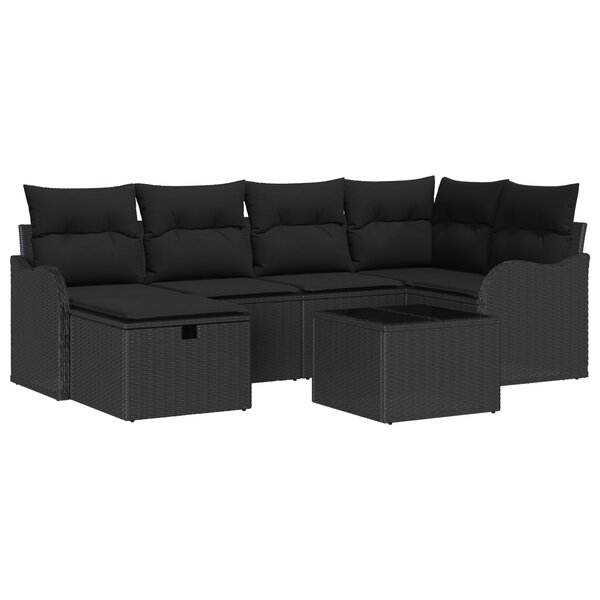 Ensemble de canapé de jardin 7 pièces avec coussins en poly rotin noir