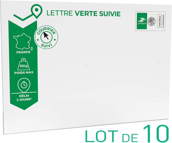 Prêt-à-Poster - Lettre verte suivie - 100g - Format C5 - Enveloppe en lot de 10