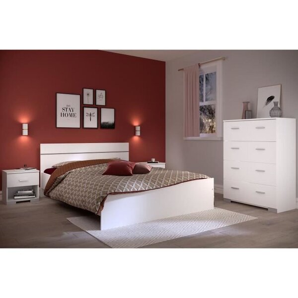 Chambre complète BOSTON : Lit adulte 140 x 190 + Commode + 2 Chevets - blanc