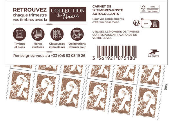 Carnet 12 timbres Marianne de l'avenir - Complément d'affranchissement 0,10€ - Couverture Collection de France