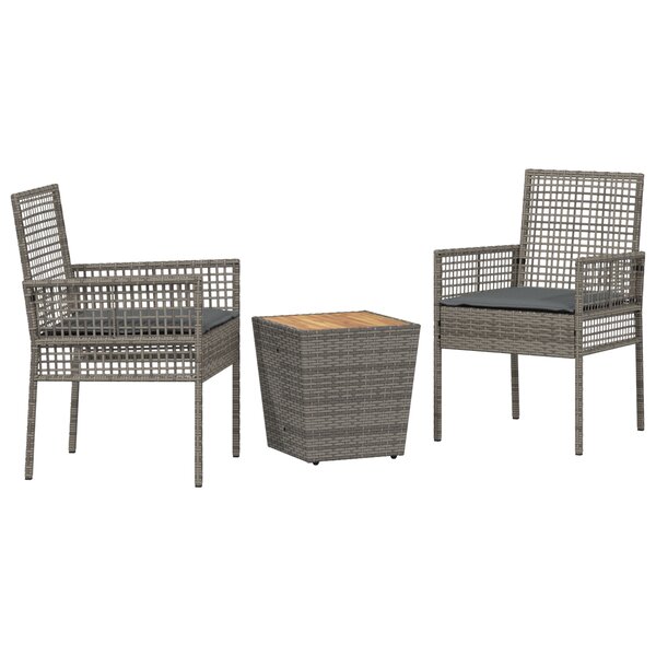 Ensemble Bistro de Jardin 3 Pièces avec Coussins Gris en Poly Rattan