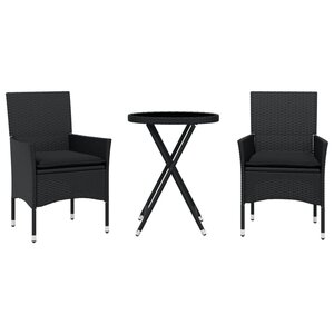 vidaXL Ensemble de bistro avec coussins 3Pièces noir résine tressée verre