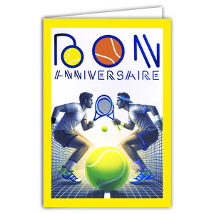 65-1428 Carte Bon ANNIVERSAIRE TENNIS Texte BLEU Brillant avec Enveloppe 12x17 5cm Pour sportif sportive tennisman tenniswoman joueur joueuse champion sport de raquette balle jaune court supporter