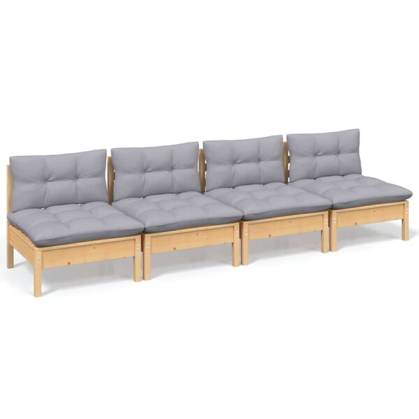 vidaXL Canapé 4 places de jardin et coussins gris Bois de pin solide