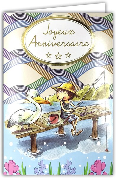 Carte Joyeux Anniversaire Doré Petit Garçon Pêcheur Enveloppe Blanche 12x17 5cm