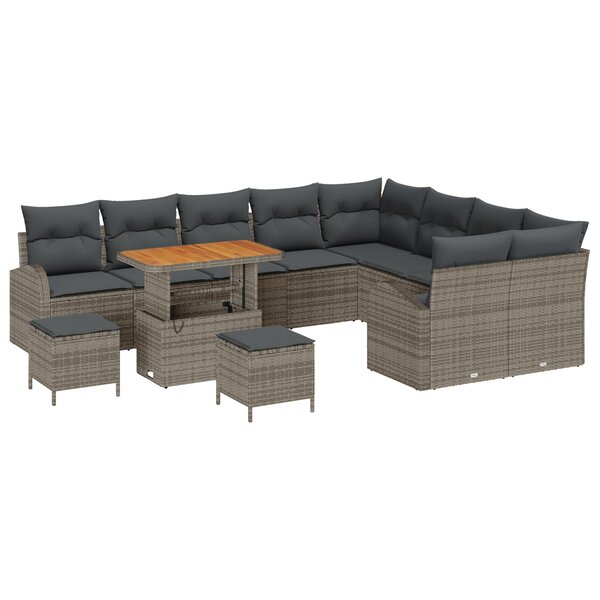 Ensemble de 12 Pièces de Canapés de Jardin avec Coussins Gris Poly Rattan Acacia