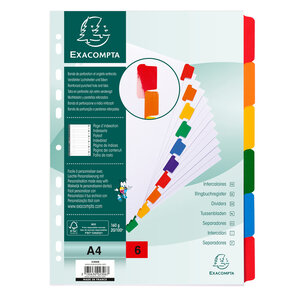 Jeu d'intercalaire 6 positions en carte blanche 170g onglets Mylar®. Format A4. EXACOMPTA