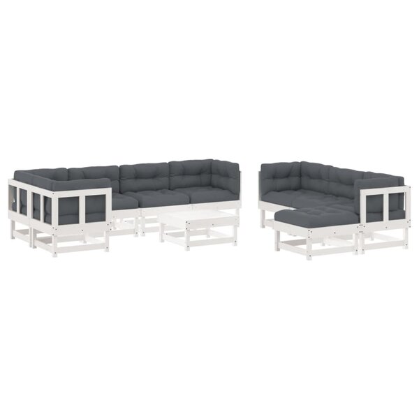 vidaXL Salon de jardin 10 Pièces avec coussins blanc bois massif