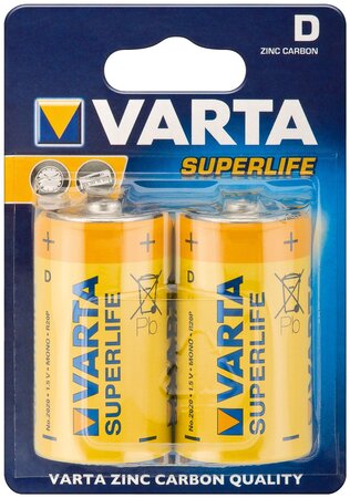 Blister de 2 Piles Salines Superlife 2020 Mono D LR20 VARTA