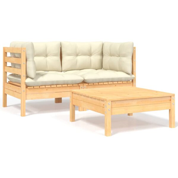 vidaXL Salon de jardin 3 Pièces avec coussins crème Bois de pin massif