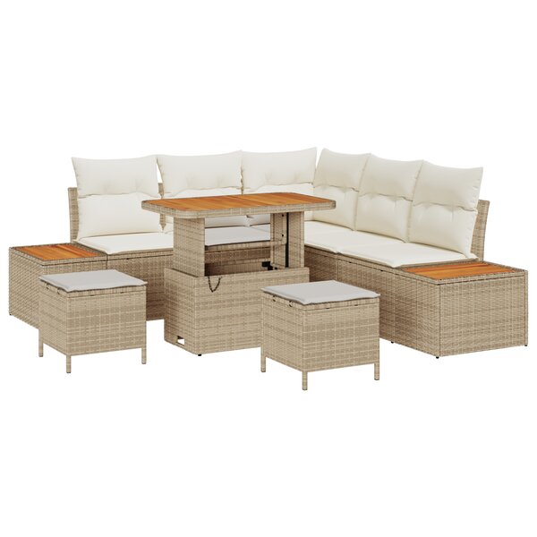 Ensemble de Canapé de Jardin 8 Pièces avec Coussins Beige Poly Rotin Acacia