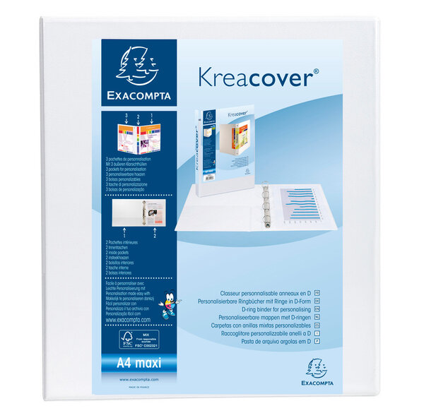 Classeur personnalisable Kreacover A4 Maxi 4 Anneaux Diam 50mm Dos 70 mm Blanc x 10 EXACOMPTA