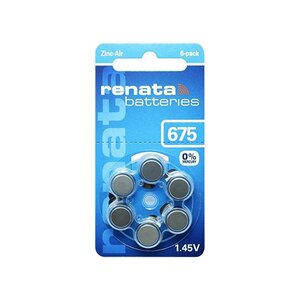 Blister de 6 Pile auditive ZA675 Zinc Air 0% Mercury 1,45V RENATA