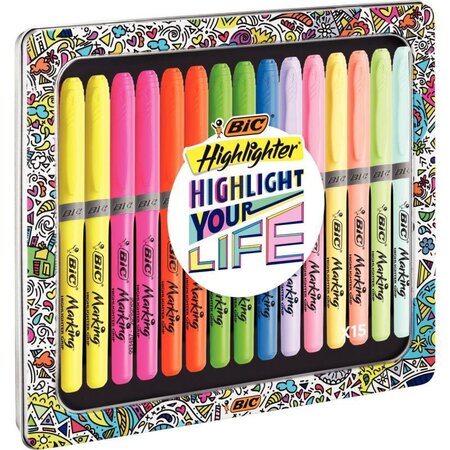 Boîte de 15 surligneurs BIC Highlighter grip coloris assortis