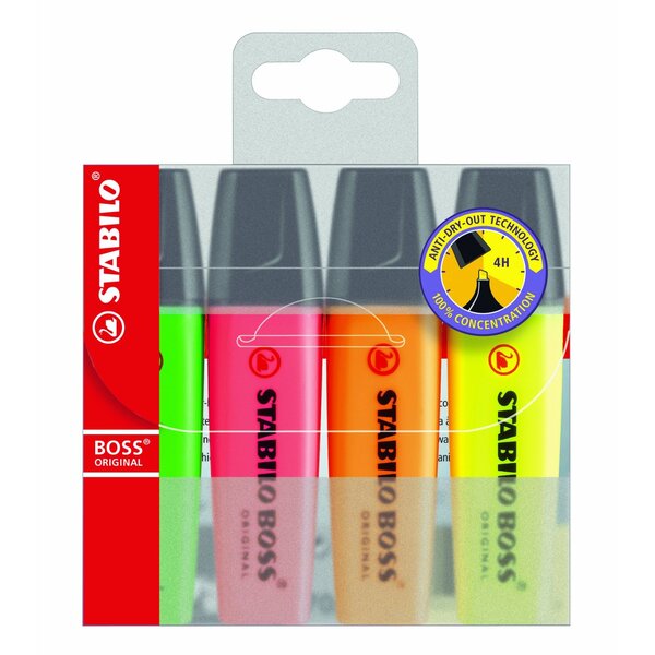 Pochette de 4 surligneurs boss original rechargeable pointe biseautée 2-5 mm x 5 stabilo