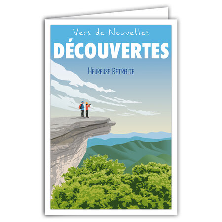 Carte Départ Retraite Vers Nouvelles Découvertes Enveloppe  Affichette Mini Posters Format 17x11 5cm  Au Revoir Couple Voyages Marche à pied Randonnée Paysage Rétro Vintage Verte/Bleue