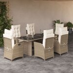 vidaXL Ensemble à manger de jardin et coussins 7 Pièces beige poly rotin