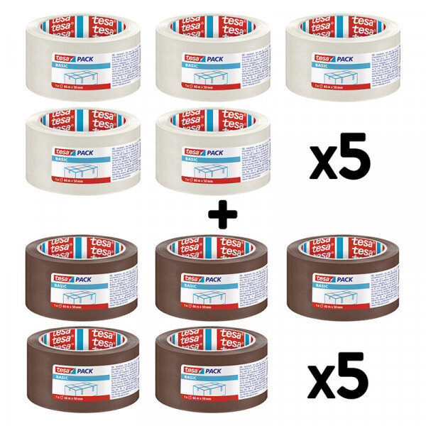 Lot de 10 rubans emballage adhésif tesa 66m x 50mm transparent et havane