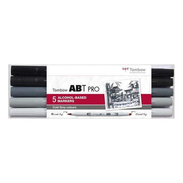 Set de 5 Marqueurs Base Alcool Double Pointe ABT PRO couleurs gris froid TOMBOW