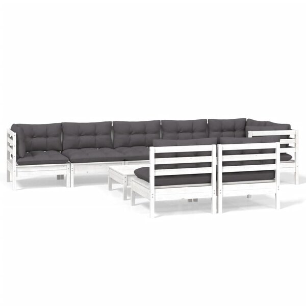vidaXL Salon de jardin 9 Pièces avec coussins blanc bois de pin massif