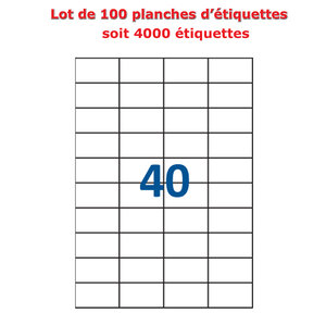 Lot de 100 Planches étiquettes autocollantes sur feuille A4 : 52 5 x 29 7 mm (40 étiquettes par feuille)