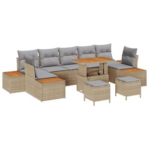 Ensemble de canapé de jardin vidaXL 10 pièces avec coussins beige poly rotin acacia