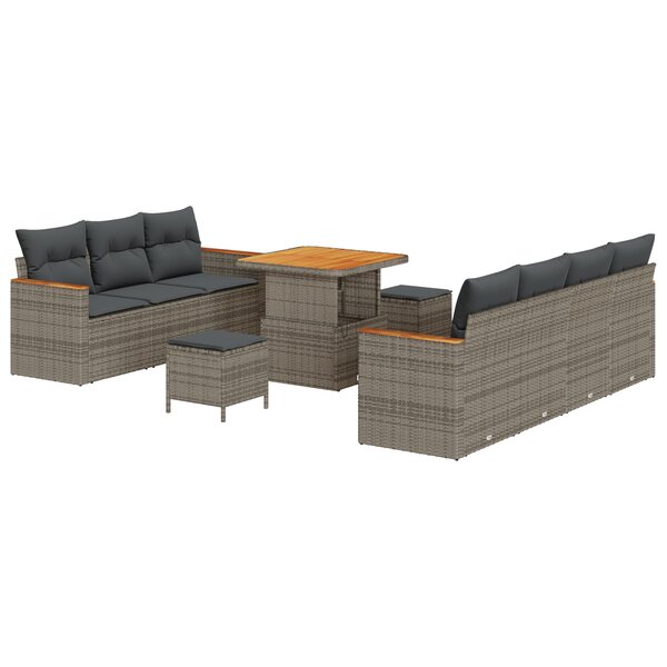 Ensemble de canapé de jardin de 10 pièces avec coussins Gris Poly Rotin Acacia