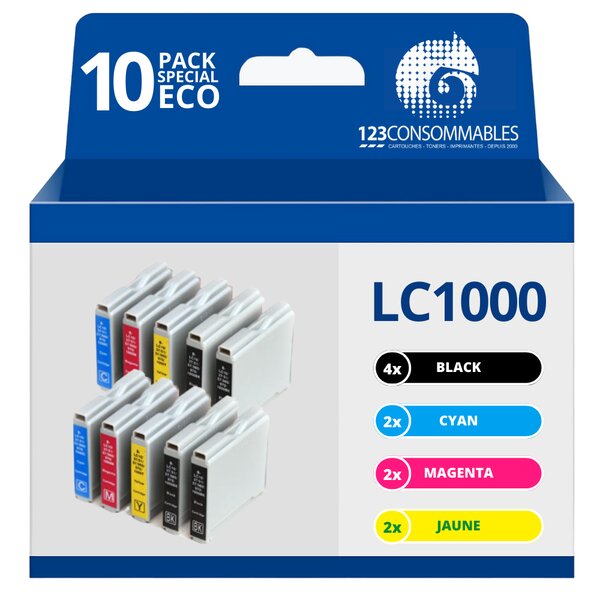 123CONSOMMABLES - LC100 - Pack 10 Cartouches d'encre compatibles pour Brother DCP-130C DCP-135C DCP-150C DCP-330C DCP-350C DCP-357C DCP-540CN DCP-560CN DCP-770CW FAX-1360 FAX-1460 FAX-2840   Grande Capacité