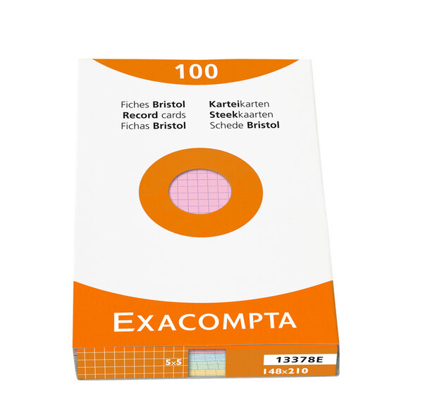 Étui de 100 fiches bristol quadrillé 5x5 non perforé 148x210mm assorties EXACOMPTA