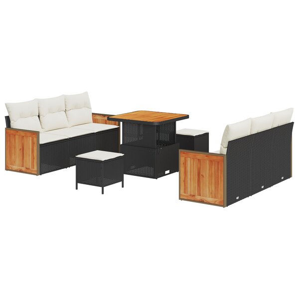 vidaXL Ensemble de canapé de jardin de 9 pièces avec coussins Noir Poly Rattan Acacia