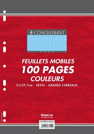 Feuillets mobiles 21x29,7 cm 100 pages grands carreaux bleus 80g x 10 CONQUÉRANT SEPT