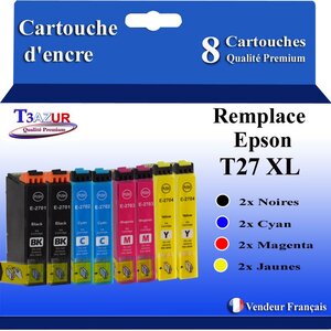 T3AZUR - 8x Cartouches Compatibles avec Epson WorkForce WF-3620DWF WF-3640DTWF remplace Epson T27XL
