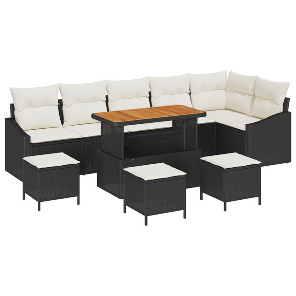 Ensemble de Canapés de Jardin de 10 Pièces avec Coussins Noir Poly Rattan Acacia