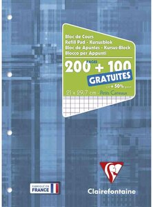 Bloc de cours 21x29,7cm 200+100 pages gratuites 90g Q5x5 perforé 4 trous CLAIREFONTAINE