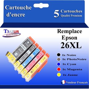 T3AZUR - 5 Cartouches Compatibles avec Epson XP620 XP625 XP700 XP710 XP720 XP800 XP810 XP820 remplace Epson T26XL +10 papiers photo A6 - T3AZUR