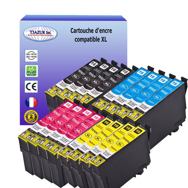 16 Cartouches Compatibles pour Epson T1631 / T1632 /  T1633 /  T1634  (16XL) - T3AZUR