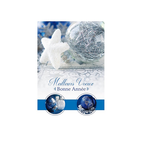 Carte De Voeux - Bonne Année Meilleurs Voeux Etoile Boules de Noêl Bleu Argent