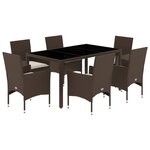 vidaXL Ensemble à manger de jardin et coussins 7Pièces marron rotin verre