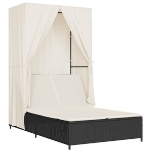 vidaXL Chaise longue double avec toit et rideaux noir résine tressée