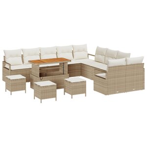 Set de canapé de jardin 14 pièces avec coussins Beige Rotin poly Acacia