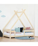 Lit Tipi enfant avec barrière bois massif gris 120 x 200 cm