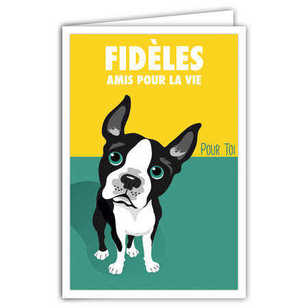 Carte CHIEN avec Enveloppe - Affichette Mini Poster Format 17x11 5cm Style Rétro Vintage Illustration Graphique - Fidèles Amis pour la Vie Pour Toi Chiot Bouledogue Bulldog Vert Jaune